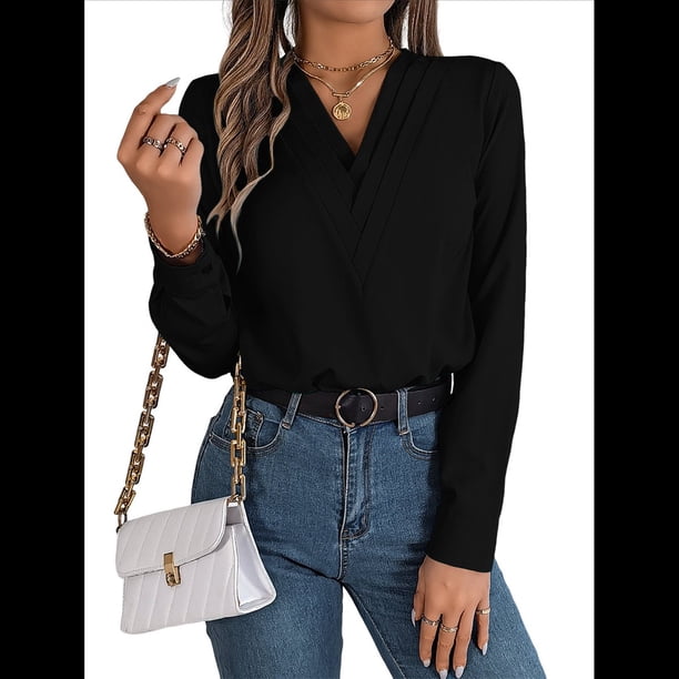 Blusa Plisada de Larga con Cuello en V para Mujer, Ideal para Oficina Negro M