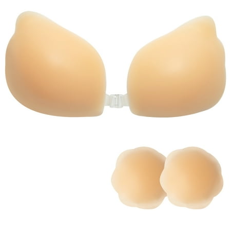 SAYFUT Strapless Sticky Bra Self Adhesive Backless Push Up Bra Reusable Invisible Silicone Bras With Flower Nipple Covers for Women