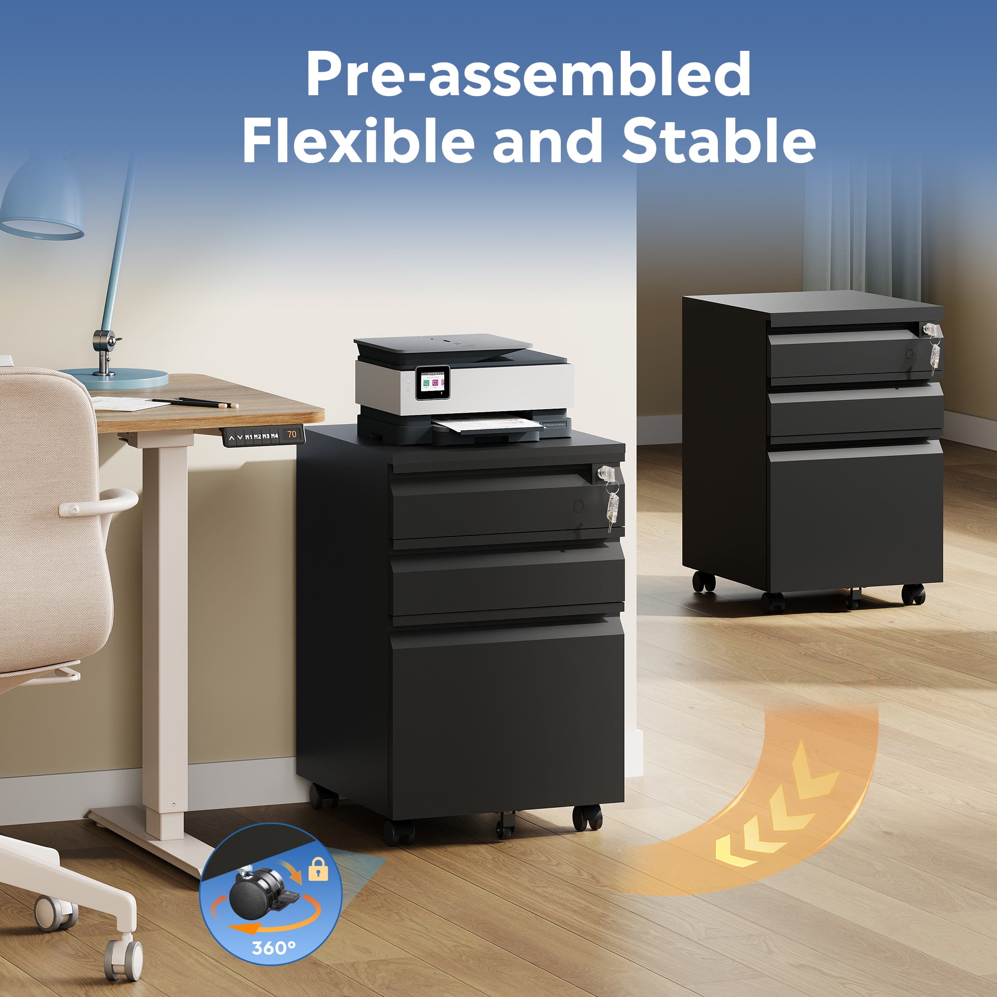GALAXHERO File Cabinet 3 Drawer, Metal Filing Cabinet on Wheels for Home Office, Under Desk Storage with Lock, Fits Letter/A4/Legal Size, Black