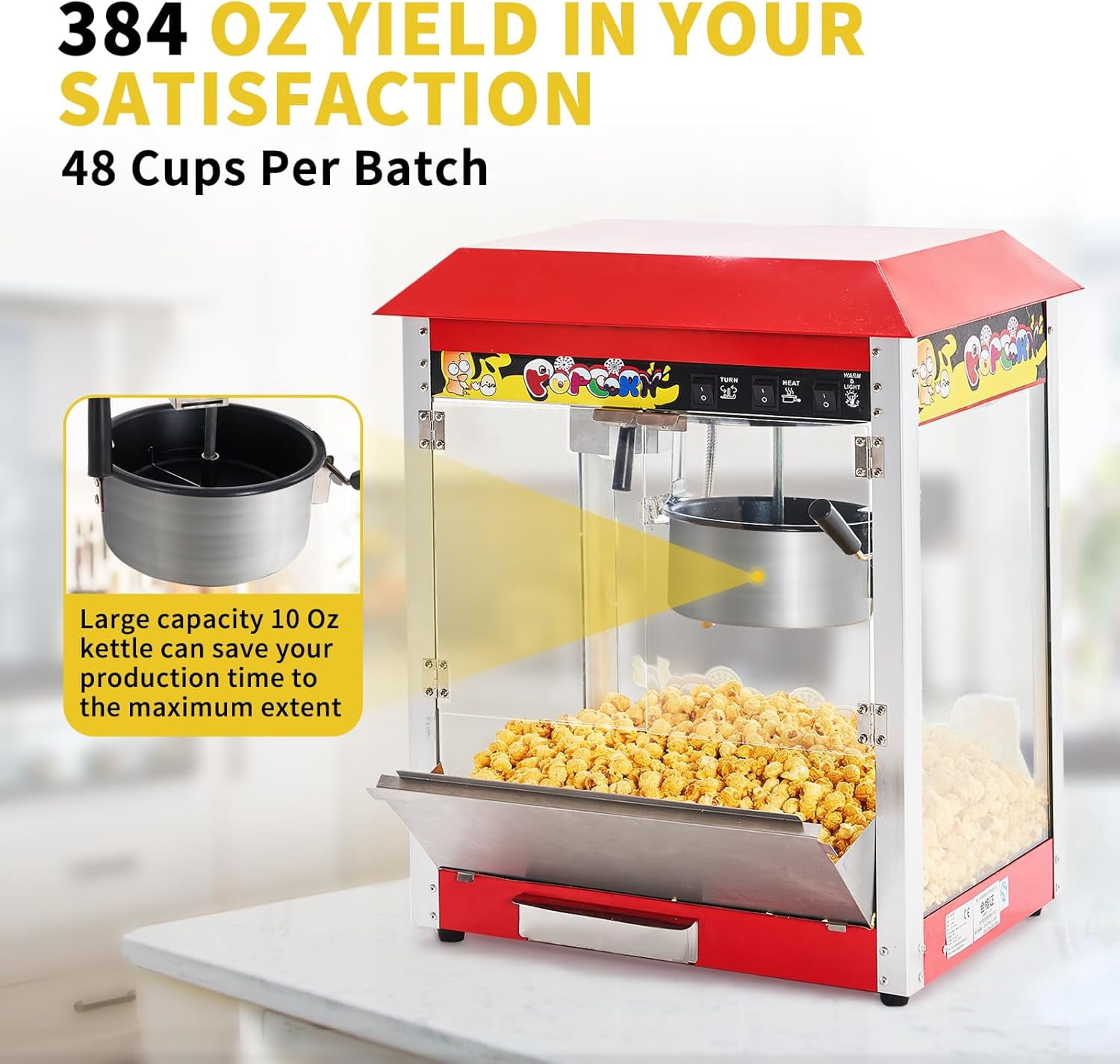 Pipleo 10 oz Commercial Hot Air Popcorn Maker, Popcorn Popper 1300W 60 Cups per Batch New