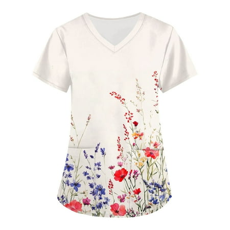 Scrub Women Petite,Floral Print Medical Tops - Quick-Dry Scrub Blouse with Utility Pockets - Beige - XXL