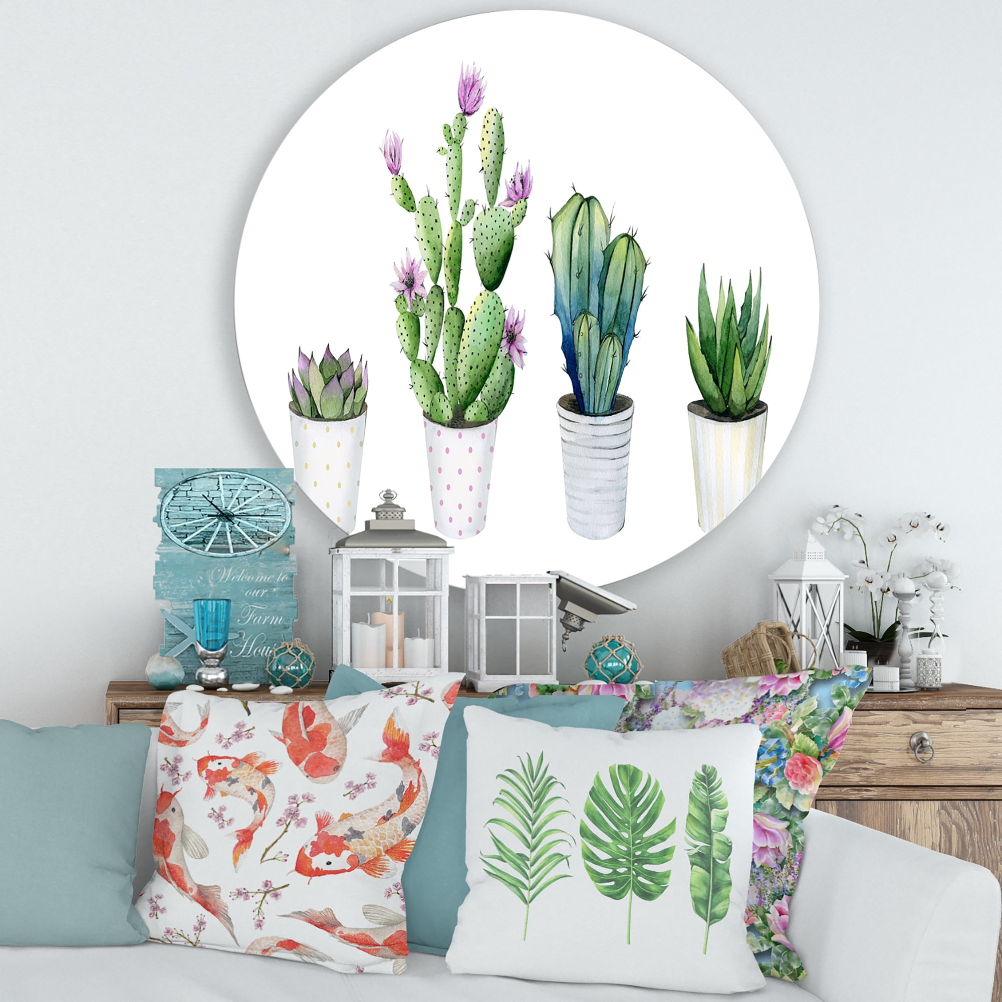 Designart 'Aloe Vera Cactus Succulent Home Plants In The Pots' Farmhouse Circle Metal Wall Art 29x29 - Disc of 29