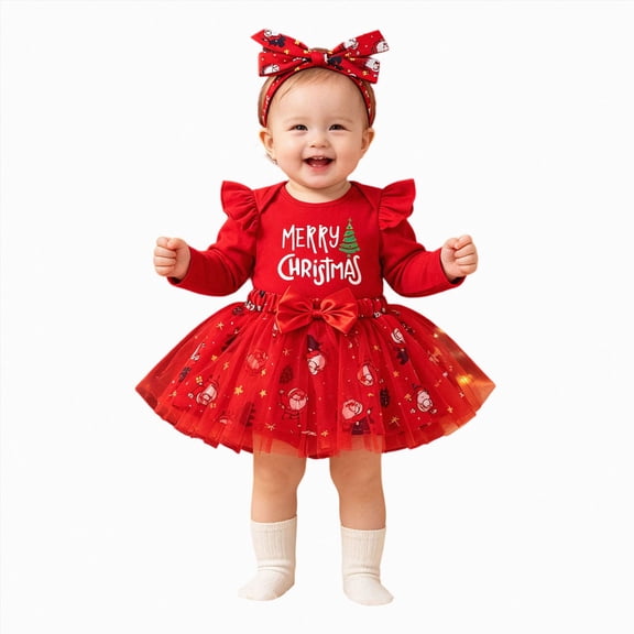 mgoYE Baby Girl Christmas Outfit Newborn Infant My First Christmas Dress Tutu Skirt with Headband Set