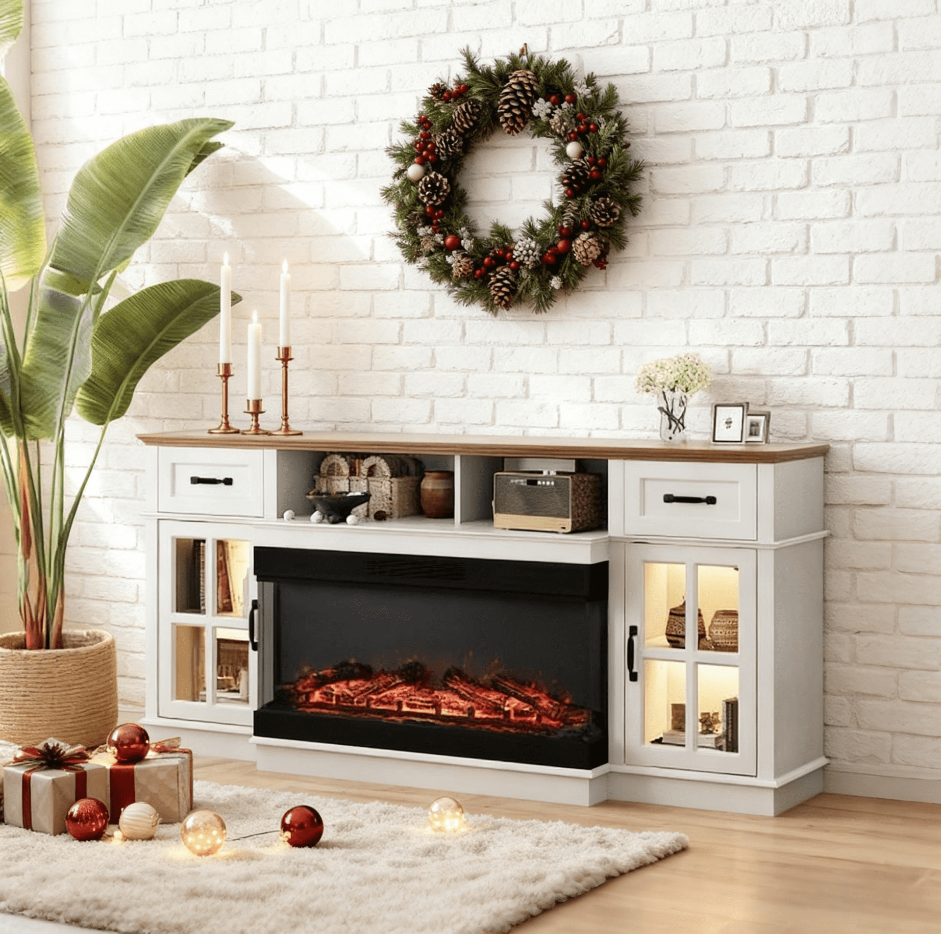 Ktaxon Modern 70" TV Stand with Fireplace, Entertainment Center with 36in Heater for 55/60/65/70" TVs with 2 Doors, Drawers & Shelves, Washed White