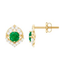Rosec Jewels Nature Inspired Petal Stud Earrings for Women, Emerald and Diamond Stud Earrings, 10K Yellow Gold