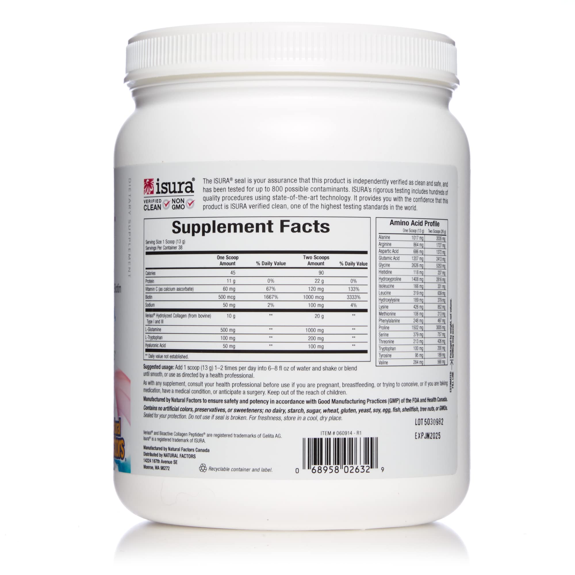 Natural Factors Total Body Collagen Bioactive Peptides Powder for Healthy Skin, Hair & Joints, Unflavored, 500 g