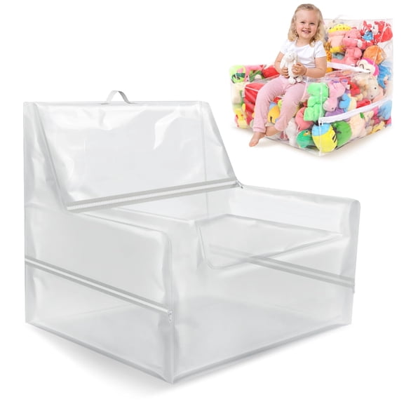 Fanwer Adult 25-inch 3 Hidden Zippers and Transparent Material Stuffed Animal Storage and Toy Organizer Bean Bag Chair Cover, Clear