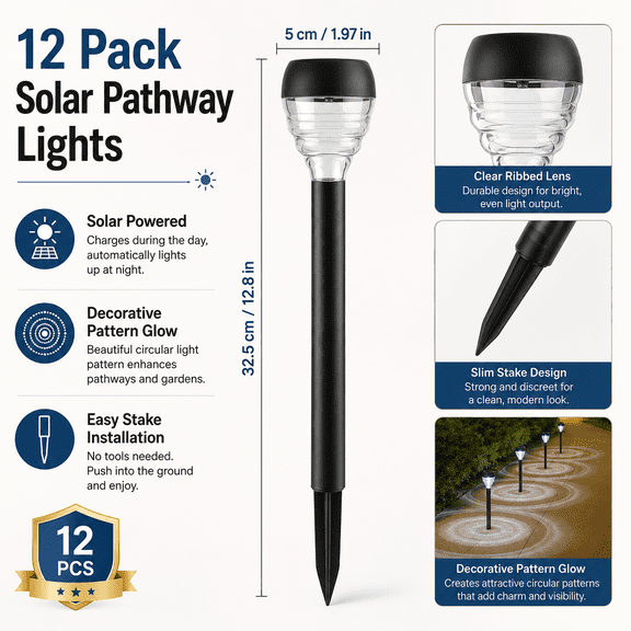 12 Pack Solar Garden Path Lights Outdoor, RGB Color Changing Warm White LED Solar Stake Lights, Waterproof Stainless Steel Landscape Lighting for Walkway Driveway Yard