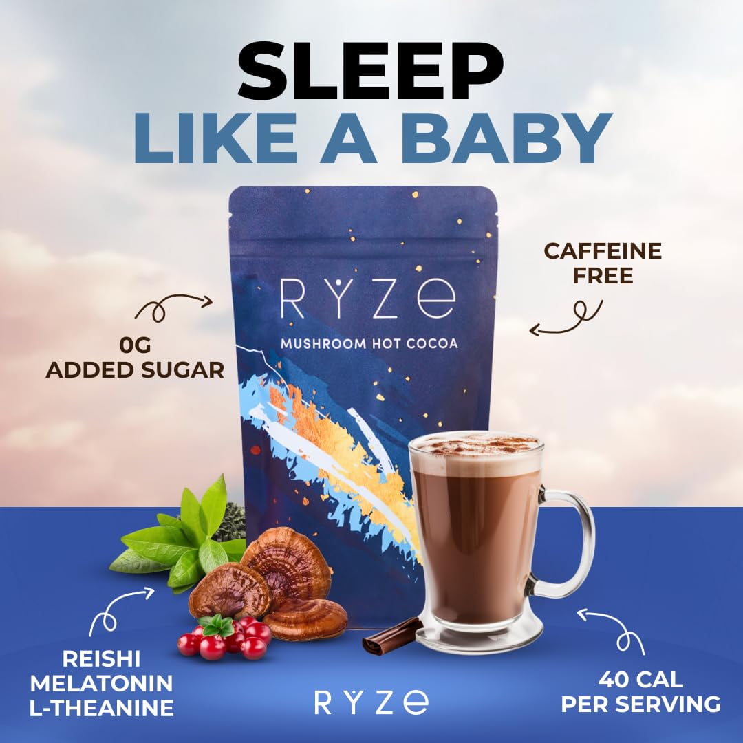RYZE Mushroom Hot Cocoa Melatonin Sleep Supplement, Keto Cocoa Powder with Reishi, Melatonin, Glycine to Help Fall Asleep and Stay Asleep, 20 Servings