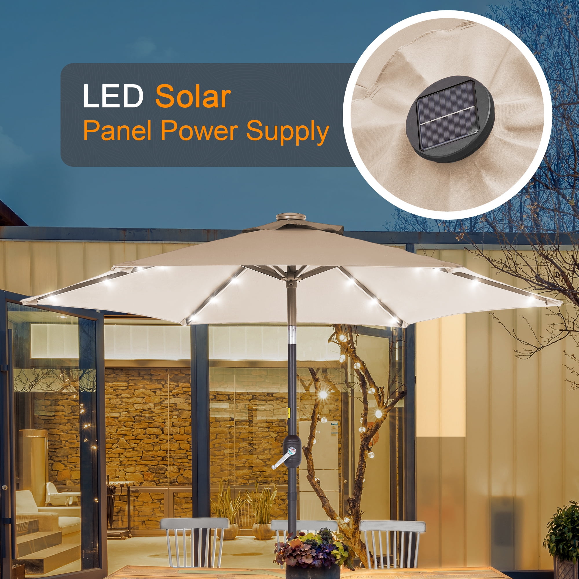 ACEGOSES 7.5ft LED Solar Outdoor Patio Market Table Umbrella with Polyester Canopy for Garden,Yard and Poolside, Oyster White