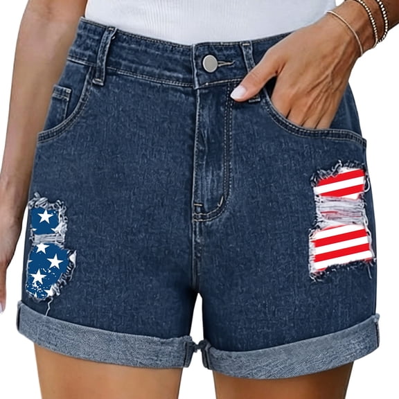Atogsazn Womens 4th of July Denim Shorts Casual Button Down Wide Leg Short Jeans with Pocket American Flag Short Pants Sky Blue S Fashion