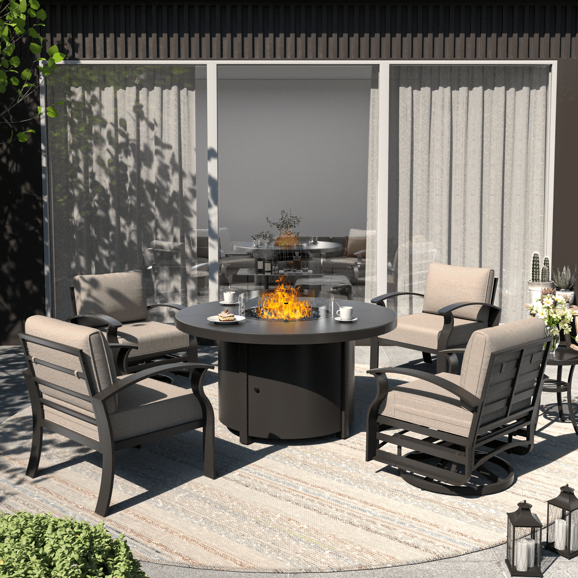 ALAULM 4-Seat Aluminum Patio Furniture Set, Outdoor Patio Conversation Set with Round Fire Pit Table and 5.1" Cushions for Patio Backyard Poolside, Sand
