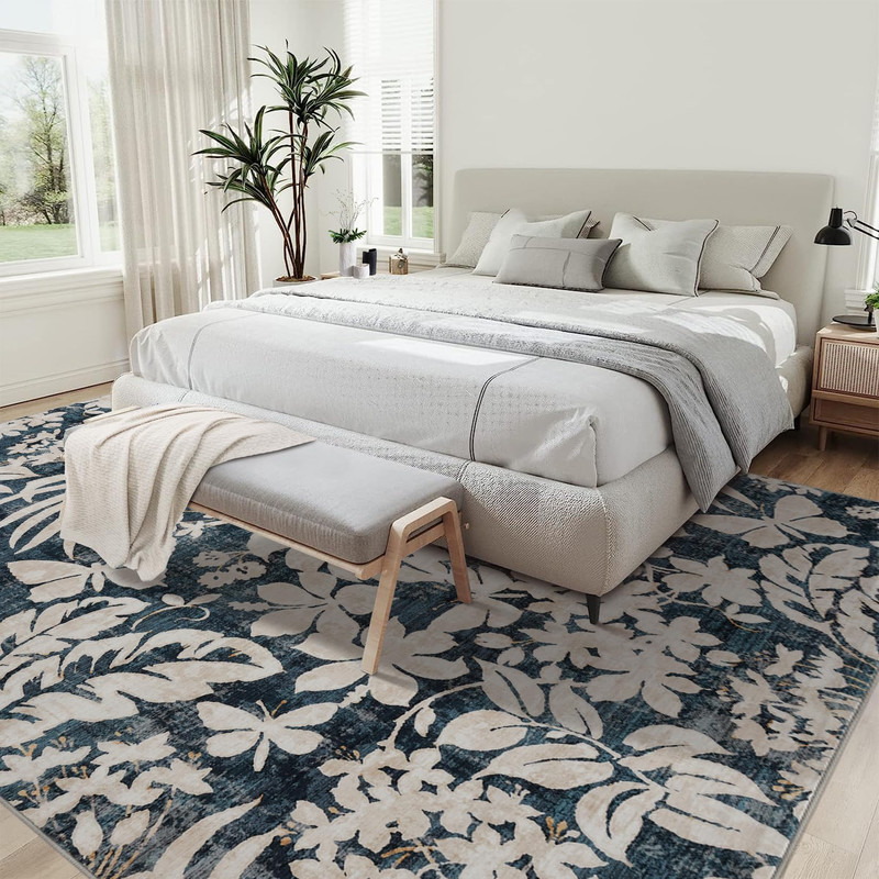 Washable 9x12 Large Area Rugs for Living Room Non-Slip Modern Botanical Floral Rugs Accent Floor Carpet for Bedroom Dining Room Blue