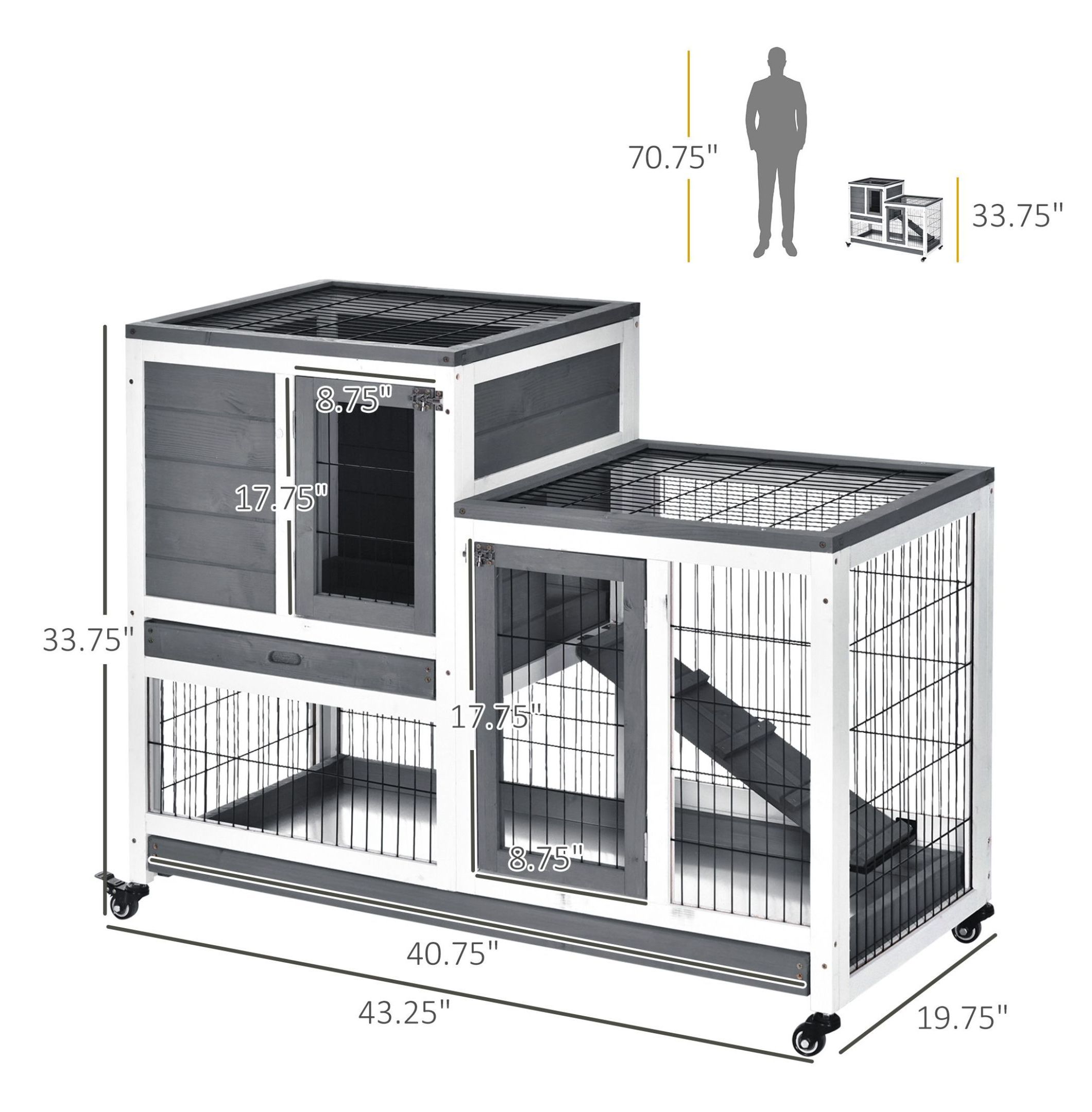 Elevated Bunny Cage Indoor Rabbit Hutch with Wheels Ramp Removable Tray for Guinea Pigs Gray