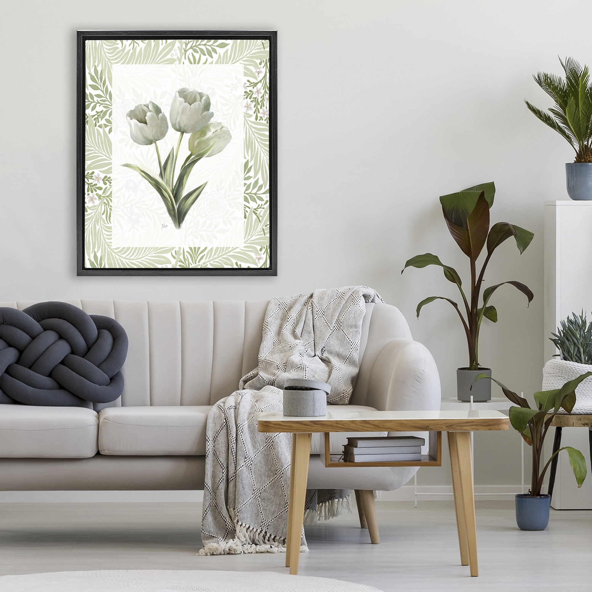 Stupell Industries Pale Green Tulip Trio Black Framed Floater Canvas Wall Art, design by Nan