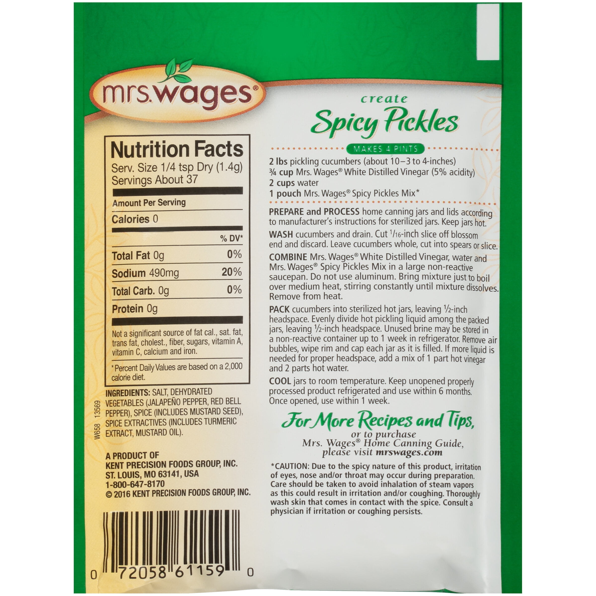 Mrs. Wages Medium Spicy Pickles Refrigerator Pickle Mix | Quick and Easy |  Flavorful Spice | 1.85 oz Granules Packet