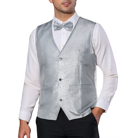 INSPIRE CHIC Men's Vest Glitter V Neck Sleeveless Metallic Waistcoat Sparkly Formal Party Vest 2XL Silver