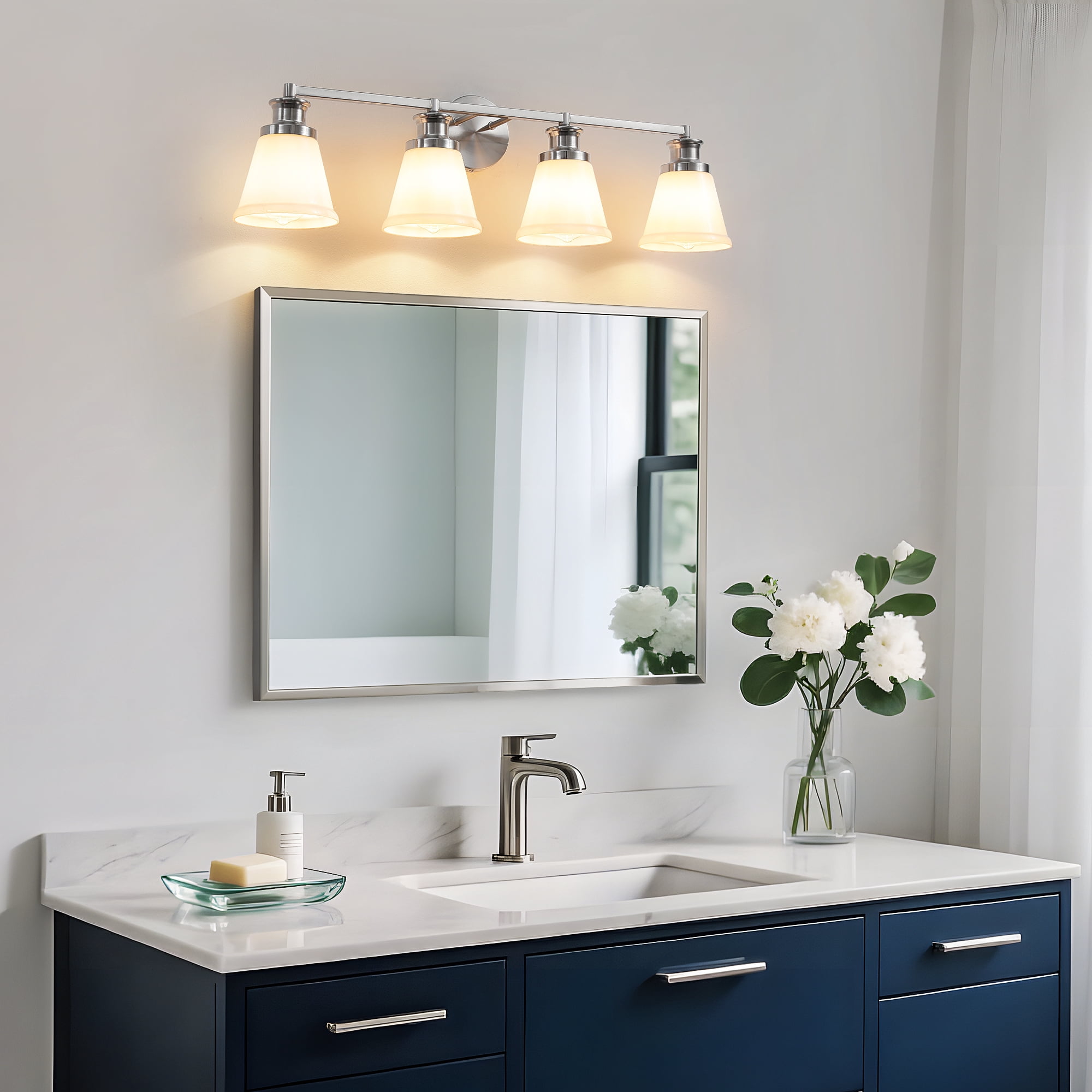 Bathroom Vanity Light Fixtures 4 Lights Modern Bathroom Lighting Fixtures Over Mirror with Frosted Milky Glass Shade Brushed Nickel Wall Sconce for Bath Bedroom