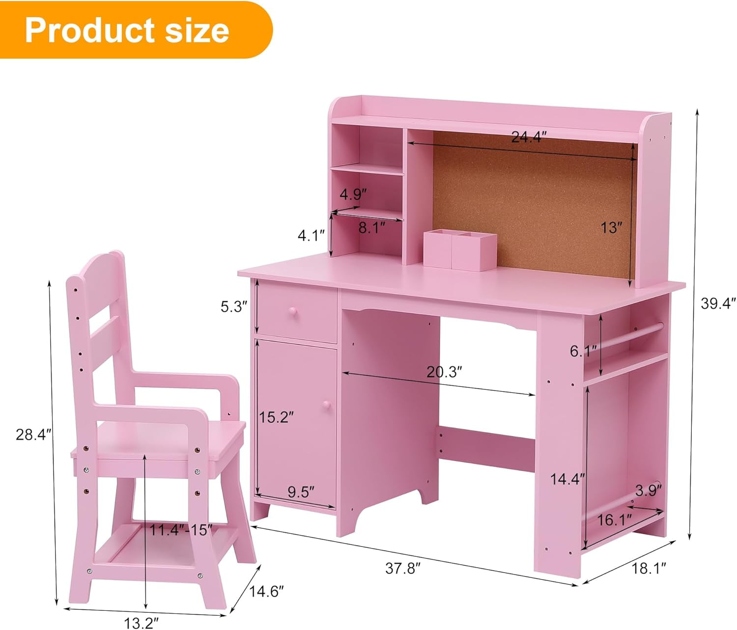 Kids Desk and Chair Set, Wooden Study Table with Storage Shelf, Bulletin Board, Children School Learning Desk Set, Writing Table for Boys and Girls