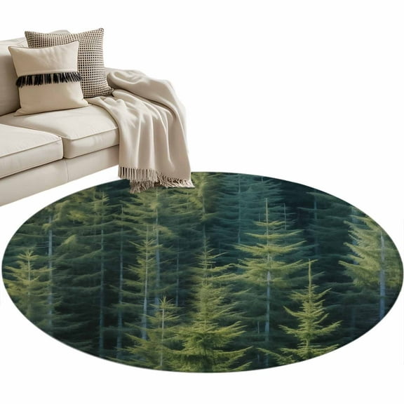 Green Forest Round Area Rug 3 FT, Small Kitchen Bathroom Mat, Pine Tree Summer Botanical Modern Art Washable Indoor Outdoor Throw Runner Carpet Non-Shedding Doormat for Table Shower Sofa Entryway