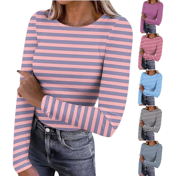 VEKDONE Women Stripe Shirts Ribbed Knit Slim Fit Tops Long Sleeve Basic Tee Casual Stretch Crewneck Blouses Underscrubs Layer Clothes