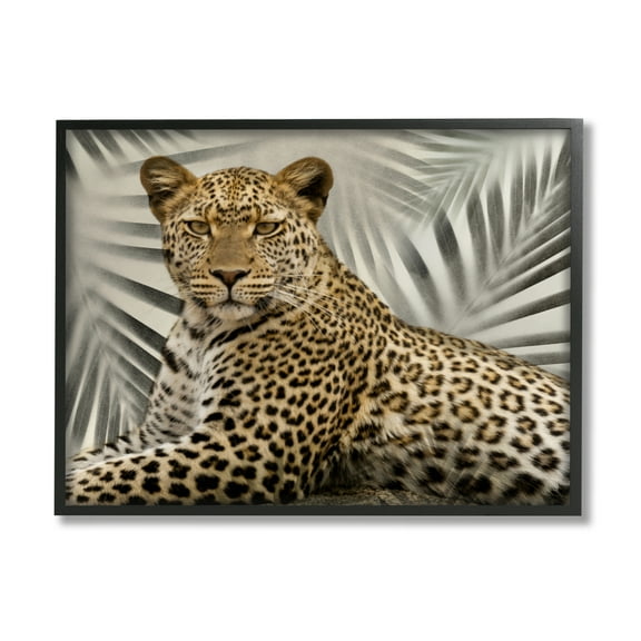 Stupell Industries Leopard with Palm Fronds Animals & Insects Painting Black Framed Art Print Wall Art, 14 x 11