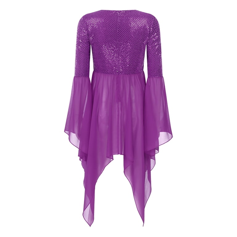 YONGHS Women's Shiny Sequins Overlays Worship Praise Dance Dress Dancewear  Purple M - Walmart.com