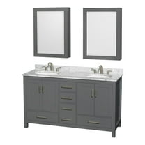 Wyndham Collection Sheffield 60 Inch Double Bathroom Vanity in Dark Gray, White Carrara Marble Countertop, Undermount Oval Sinks, and Medicine Cabinets