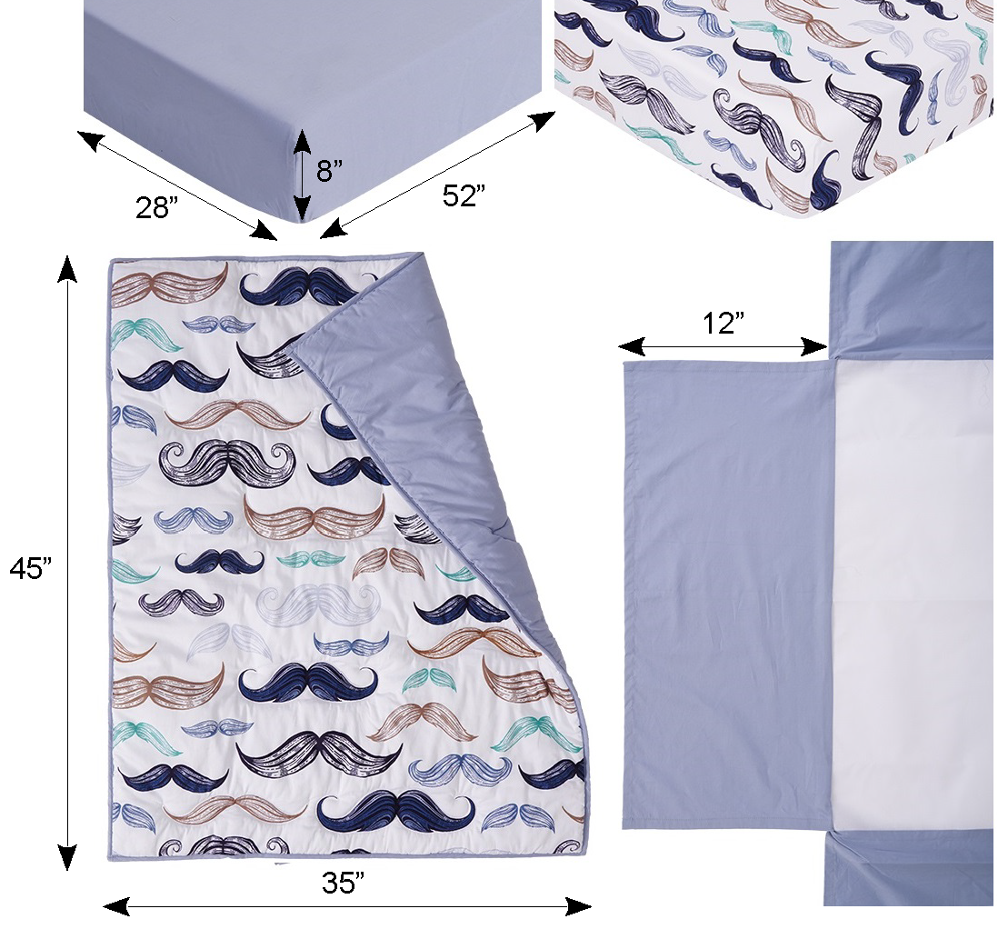 Boho Little Man Mustache, Premium, 100% Organic Cotton 4-piece Baby Boy Nursery Bedding Crib set | Baby Comforter | 2 X Fitted Crib Sheets | Crib Skirt (White, Teal, Black, Brown, Blue)