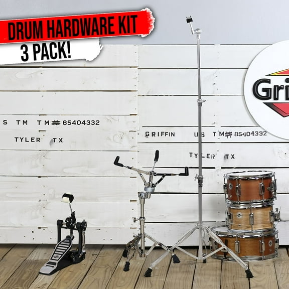 Bass Drum Foot Pedal, Snare Stand & Cymbal Stand (3-PACK) Griffin Chrome Holder
