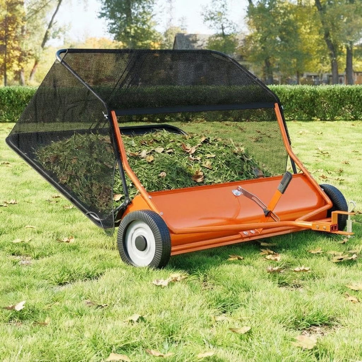 Danolapsi 52" Tow-Behind Lawn Sweeper, 26 Cu. Ft Hopper Bag Capacity; Leaf & Grass Catcher, with Adjustable Brush Height and Dump from Seat Handle