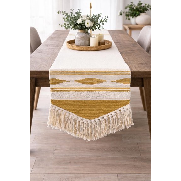 Fennco Styles Geometric Design Canvas Cotton Table Runner with Tassels