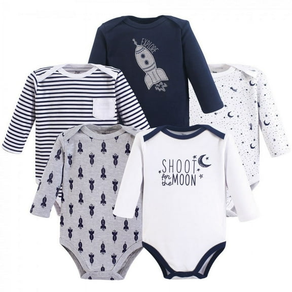 Yoga Sprout Baby Boy Cotton Long-Sleeve Bodysuits 5pk, Moon, 0-3 Months