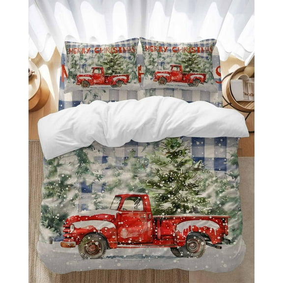 Merry Christmas Bedding Duvet Cover Set Full Size 4 Pieces Xmas Tree Red Truck Snowflake Blue Bedding Set with Zipper Closure, 1 Comforter Cover 86x86 Inches 1 Flat Sheet & 2 Pillow Cases