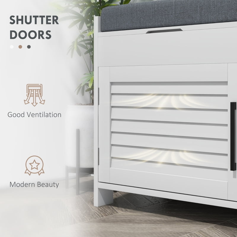 HOQBN Shoe Storage Bench, Modern Entryway Bench with Cushion, Hidden Compartments, Adjustable Shelves, and Shutter Doors, White