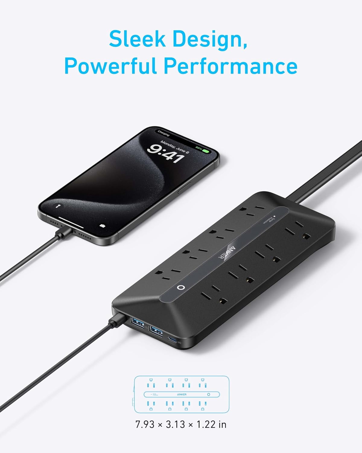 Anker Flat Plug Power Strip, 12-in-1 USB-C Power Strip with 8 AC Outlets, 2 USB-C, 2 USB-A Ports, 5 feet Extension Cord, 35W Max