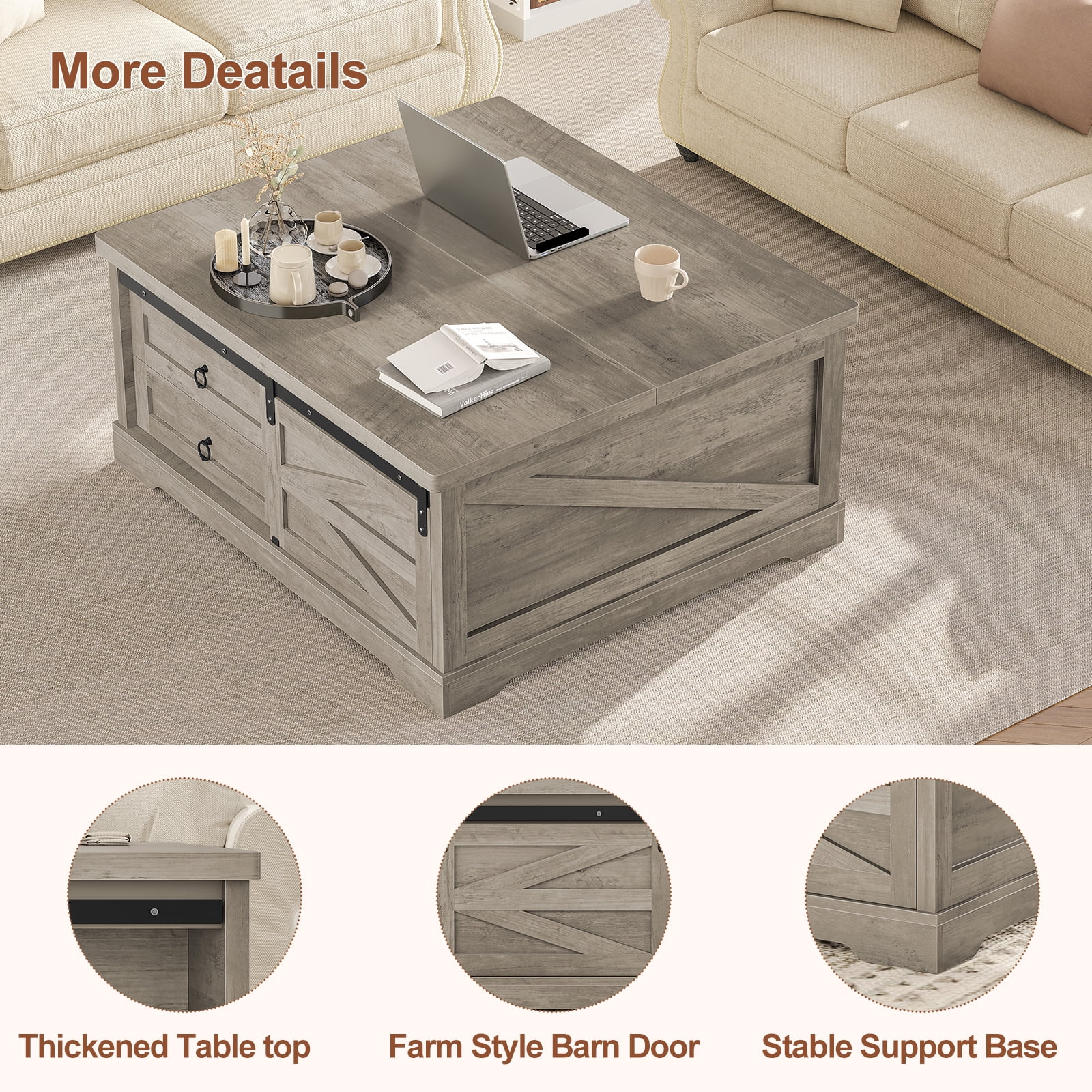 39.4'' Lift Top Coffee Table with 2 Storage Drawers and Large Hidden Compartment, Farmhouse Coffee Table for Living Room