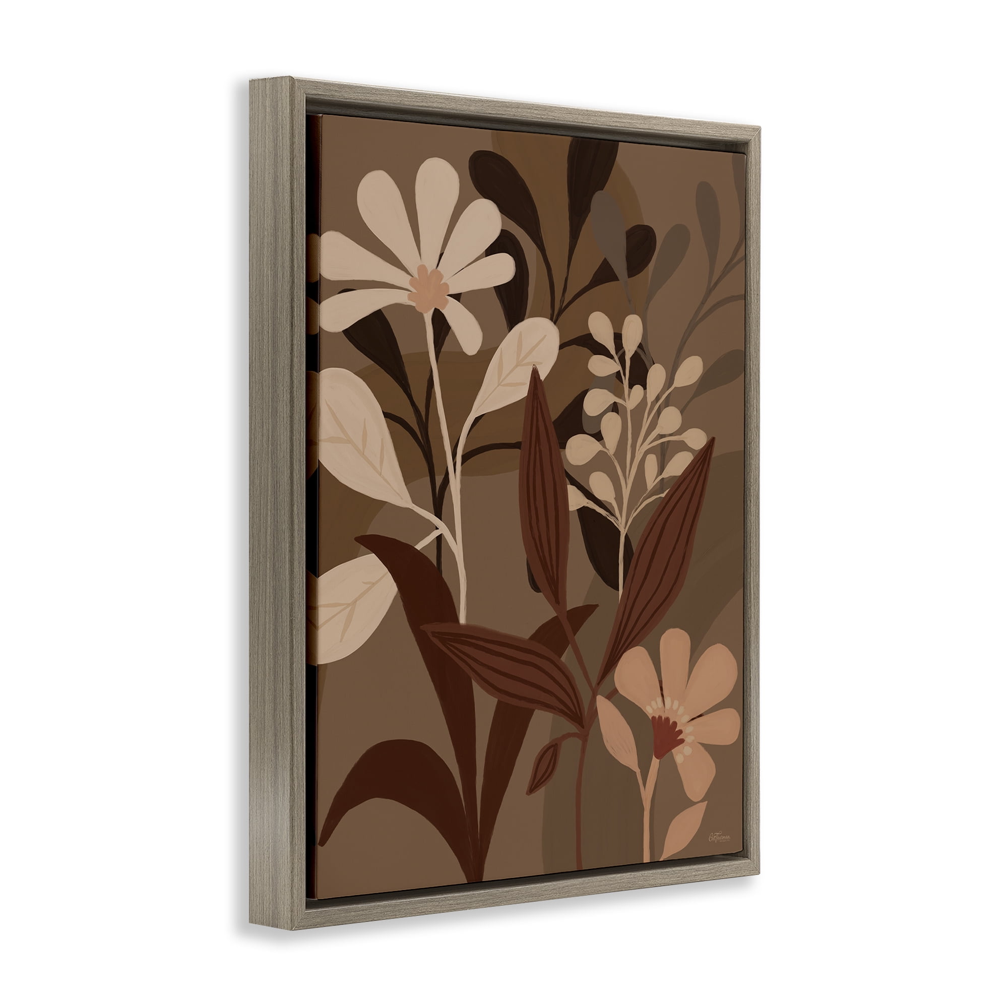 Stupell Industries Muted Boho Botanicals Plants & Flowers Painting Brown Floater Framed Canvas Art Print Wall Art, 17 x 21