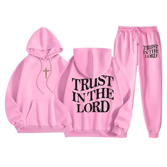 Dwelliawo Mens Hoodie Sweatsuit 2 Piece Christian Graphic Fleece Hoodie Joggers Athletic Pants Set Relaxed Fit Winter Suit with Pockets Pink M