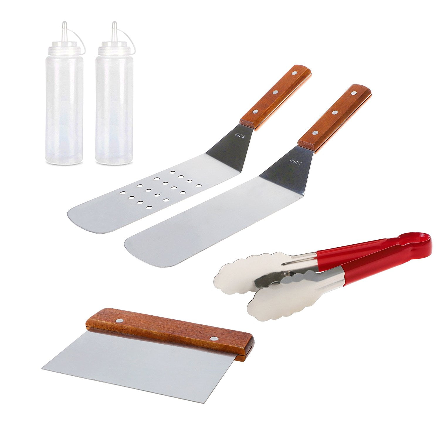 Wanbasion GP-81007 7 Pieces Professional Grill Griddle Accessories Scraper BBQ Tool Kit Great for Flat Top Cooking Camping Tailgating Heavy Duty Stainless Steel Spatula Turner Set