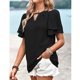 thumbnail image 3 of Camiseta informal con cuello en V para mujer, mangas con volantes, costuras de encaje ahuecadas, tipo suelto, informal, para verano, negro, S, 3 of 6