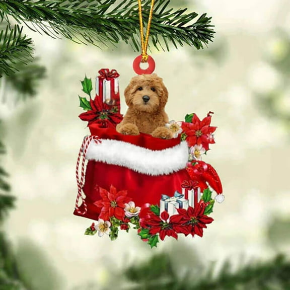 Acrylic 2D FLAT - Goldendoodle In Gift Bag Christmas Ornament - Holiday Tree Decoration