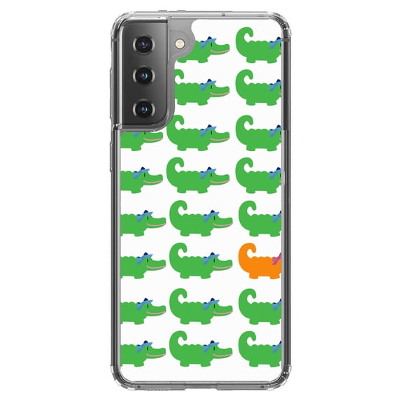 DistinctInk Clear Shockproof Hybrid Case for Galaxy S21 5G (6.2" Screen) - TPU Bumper, Acrylic Back, Tempered Glass Screen Protector - Green Orange Blue Alligator Gator - Cartoon Alligators