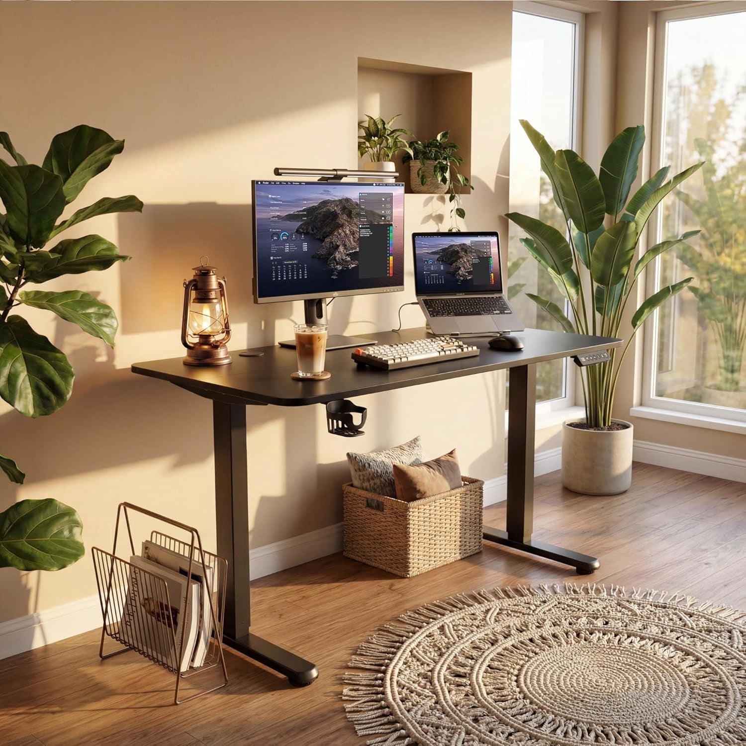 CHTER Electric Standing Desk, 45 x 24 Inches Height Adjustable Sit Stand up Desk, Memory Preset Computer Home Office Desks with Sturdy Metal Frame, Phone Stand Cable Management Hole (Black, 45'')