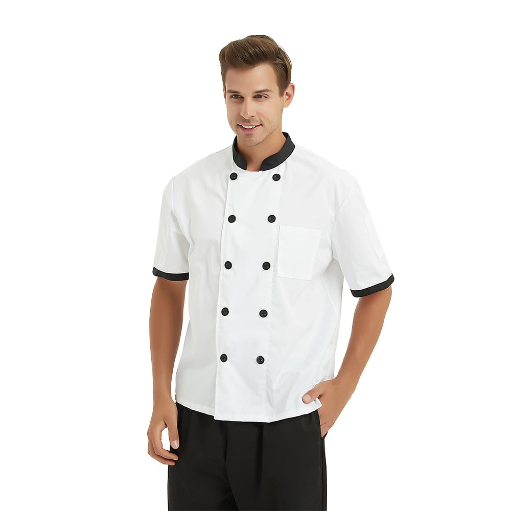 Sleeve Color : White, Size : Large Chef Coat Jacket Restaurant Kitchen Cooking Hidden Button Uniform Smock Patch Pockets At Chest