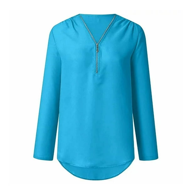 Camisas de manga larga de verano para mujer, blusas casuales con cuello en V y cremallera, blusas enrollables para mujer