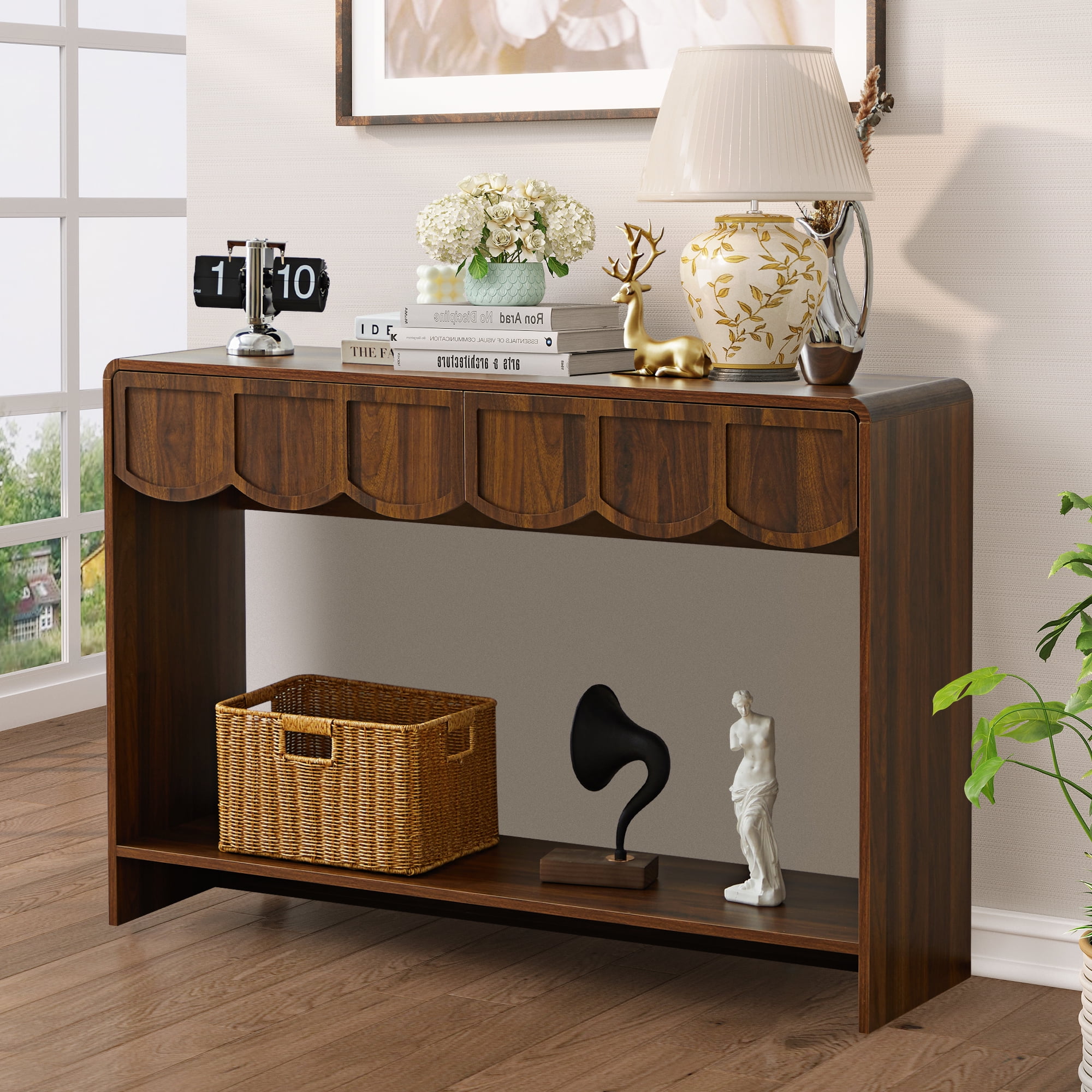 PHOYAL Console Table Sofa Table with 2 Drawer and Open Storage Shelves, Modern Entryway Table for Living Room Hallway Bedroom, Walnut