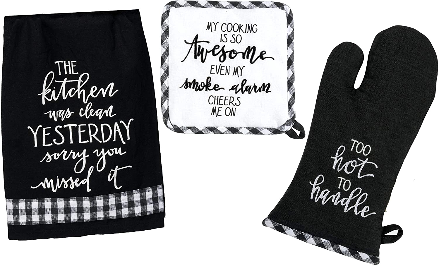 3 Piece Black and White Buffalo Plaid Kitchen Decor Set Funny Oven