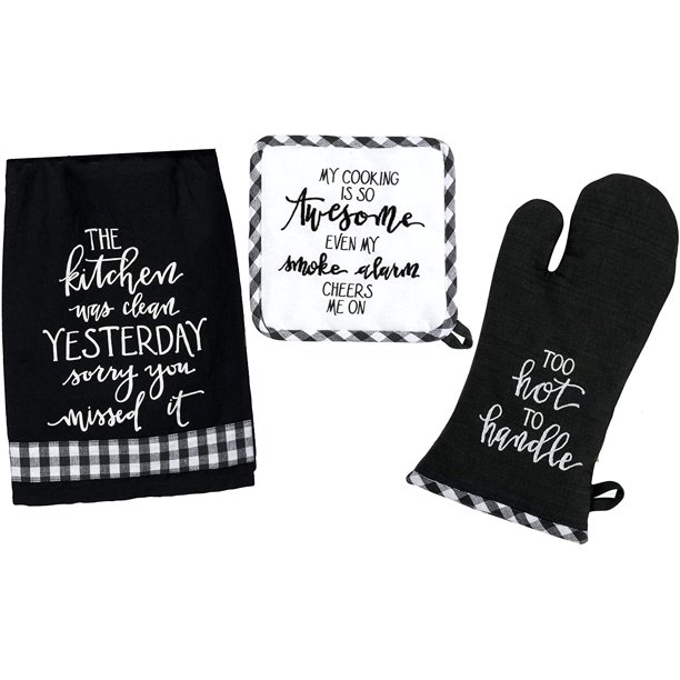 3 Piece Black and White Buffalo Plaid Kitchen Decor Set Funny Oven