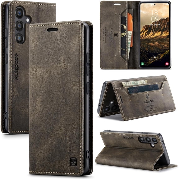 Wallet Case for Samsung Galaxy S25 Plus/S24 Plus, Retro Matte Premium Protective Leather Case with RFID Blocking Card Cash Slots Viewing Stand Magnetic Closure TPU Shell Flip Cover - Coffee